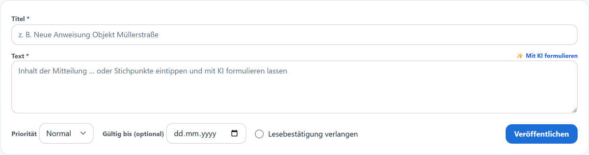 Das Formular für eine neue Ankündigung.