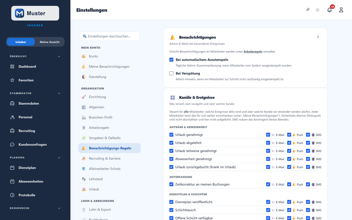 Benachrichtigungs-Regeln: Admin-Hinweise und Recruiting-Benachrichtigung.