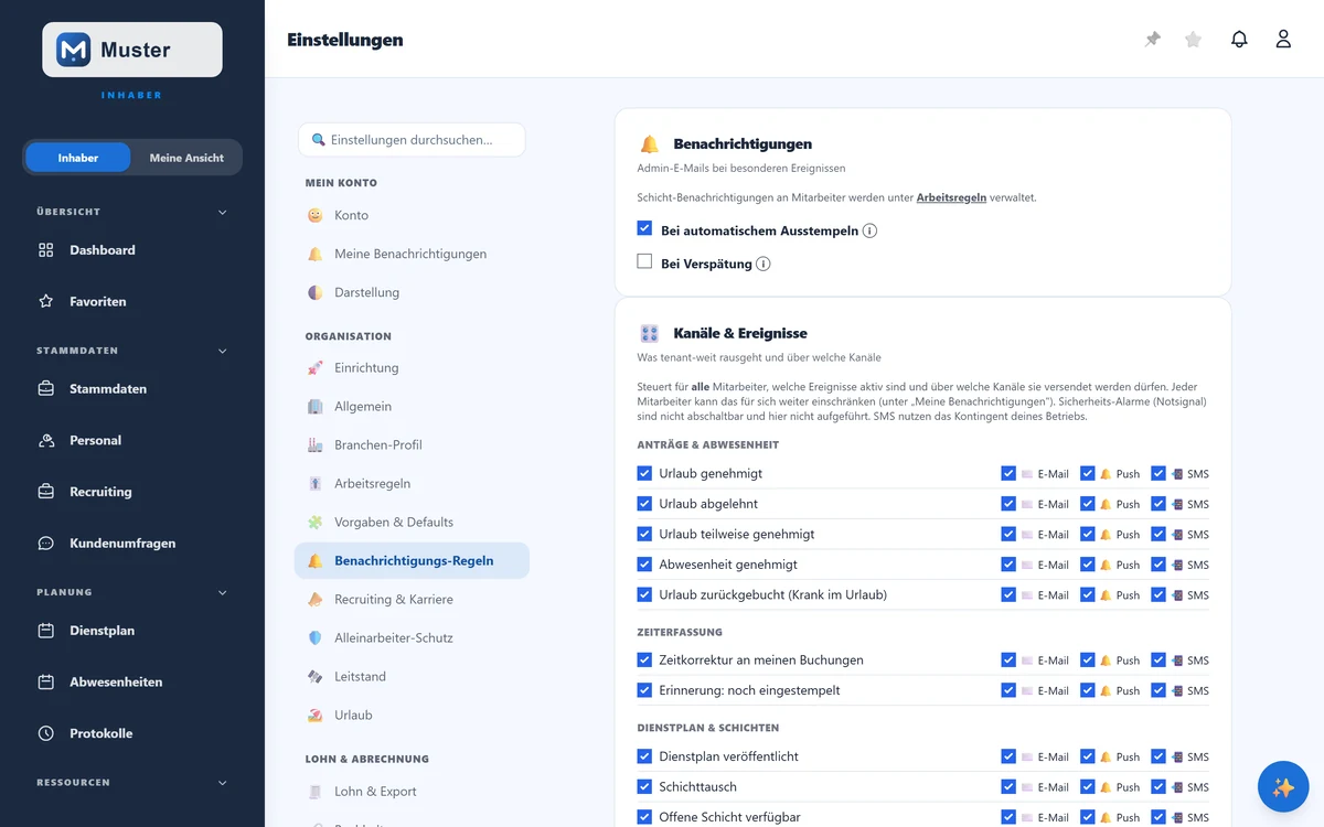 Benachrichtigungs-Regeln: Admin-Hinweise und Recruiting-Benachrichtigung.