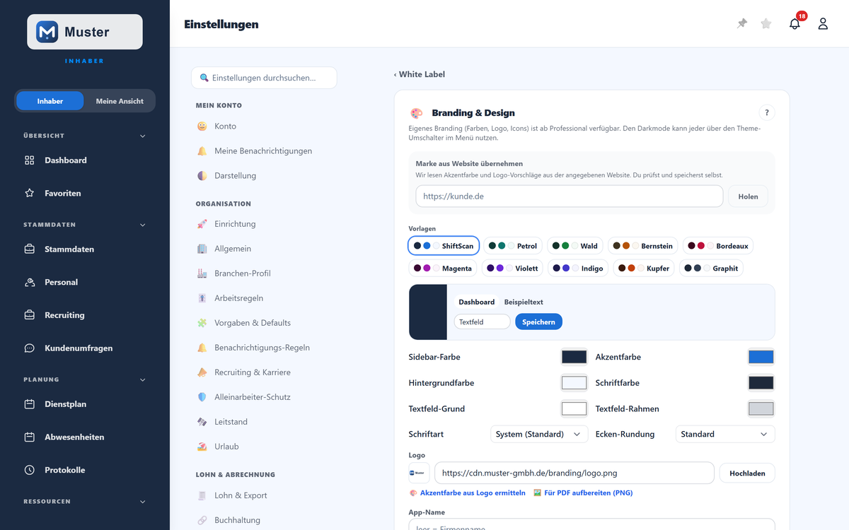 Branding & Design: Website-Import, Vorlagen, Farben, Logo und Icons.