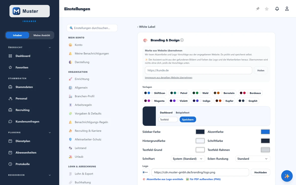 Branding & Design: Website-Import, Vorlagen, Farben, Logo und Icons.