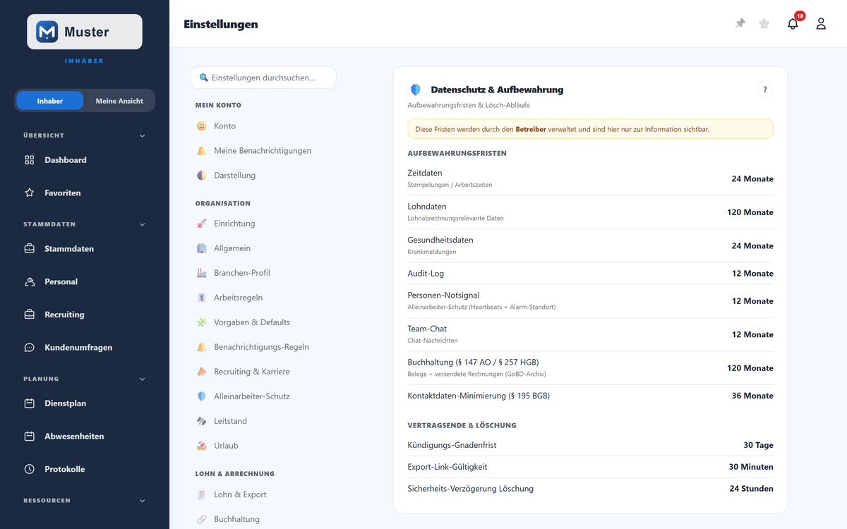 Aufbewahrungsfristen und Lösch-Abläufe — nur zur Information.