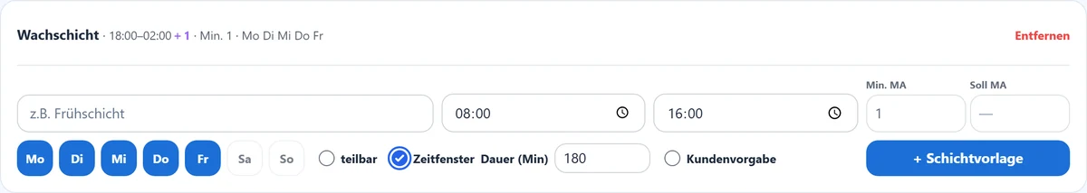 Schichtvorlage mit Zeitfenster: Beginn und Ende sind der erlaubte Zeitraum, die Dauer sagt, wie lange jemand da sein muss.