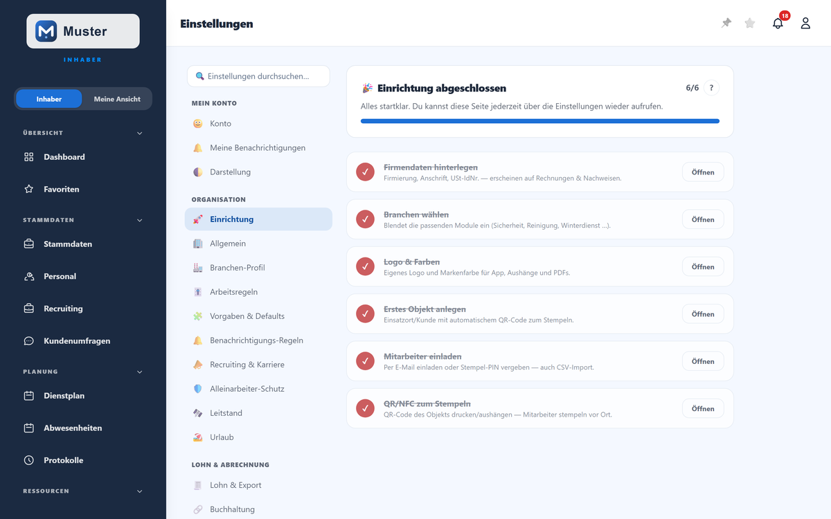 Die Einrichtungs-Checkliste mit Fortschritt — hier alle 6 Schritte erledigt.