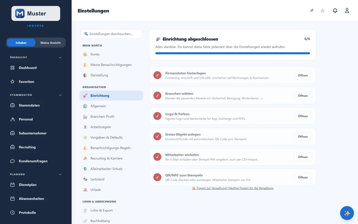Die Einrichtungs-Checkliste mit Fortschritt, hier alle 6 Schritte erledigt.