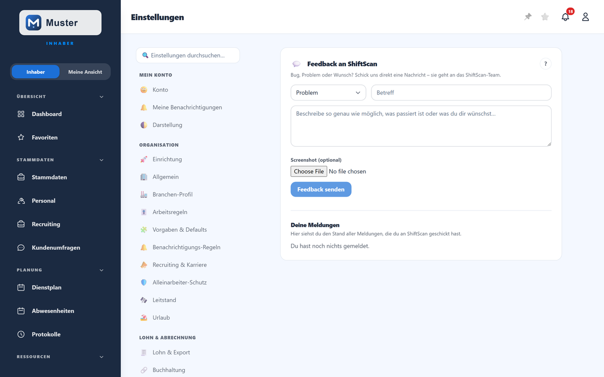 Das Feedback-Formular: Kategorie, Betreff, Nachricht und optional Screenshot.