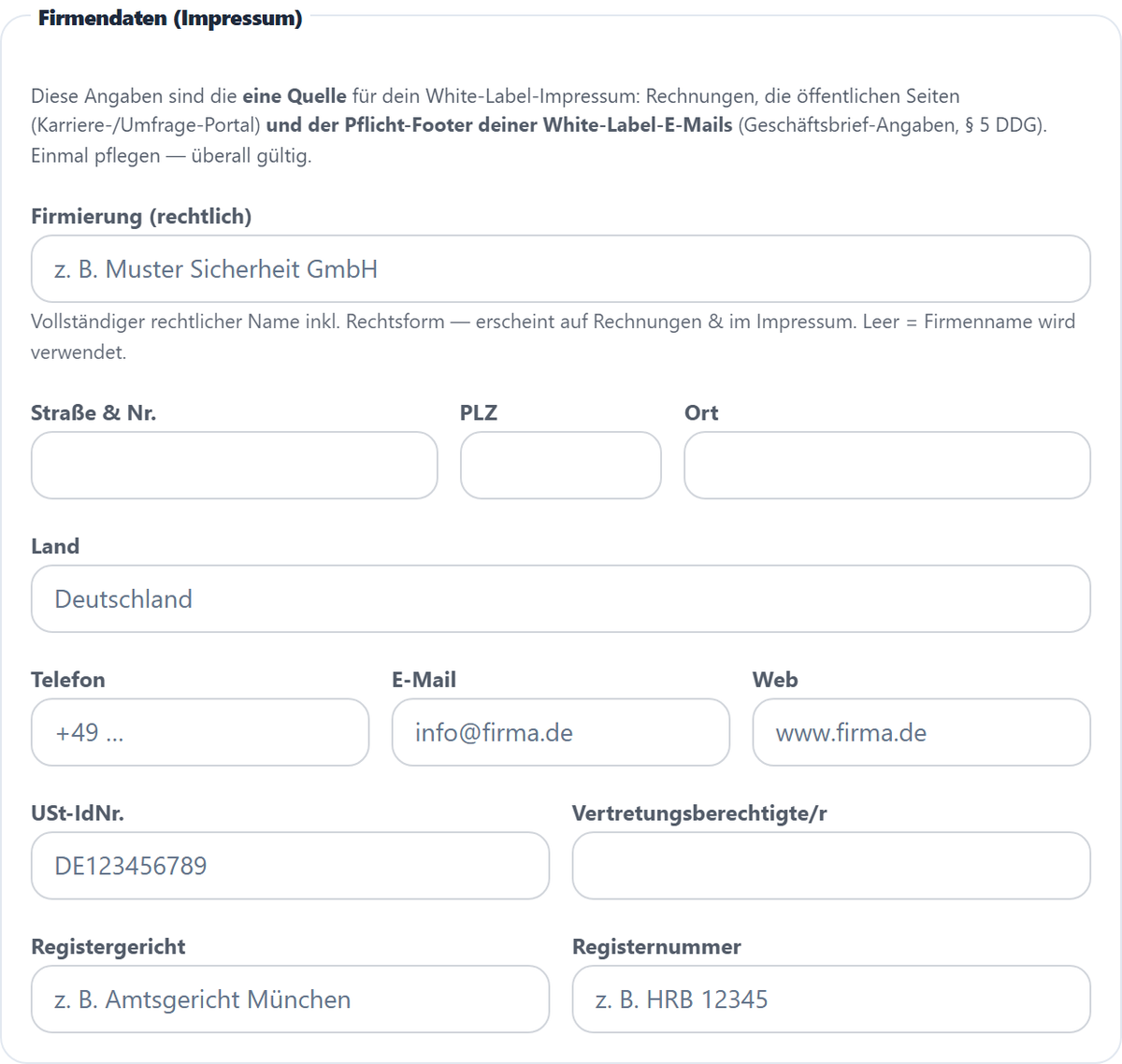 Die Firmendaten fürs Impressum — eine Quelle für Rechnungen, Portale und E-Mail-Footer.