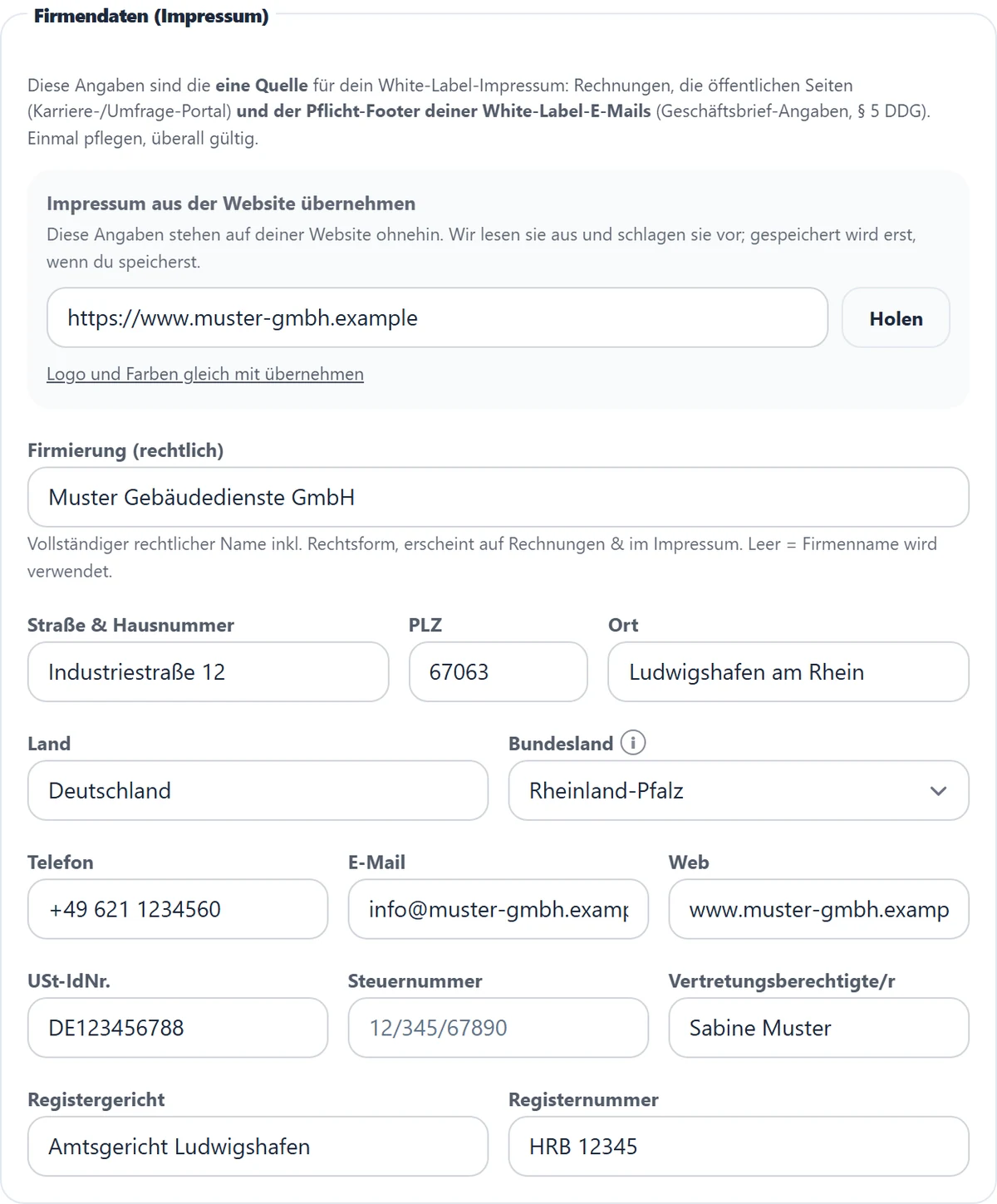 Die Firmendaten fürs Impressum: eine Quelle für Rechnungen, Portale und E-Mail-Footer.