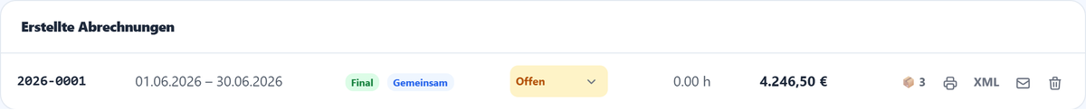 Bestehende Abrechnungen mit Aktionen.