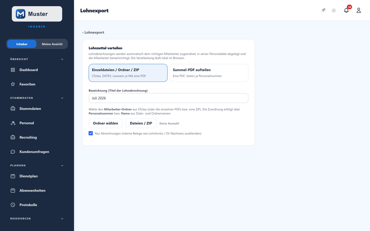 Lohnzettel verteilen: Upload und Zuordnung.