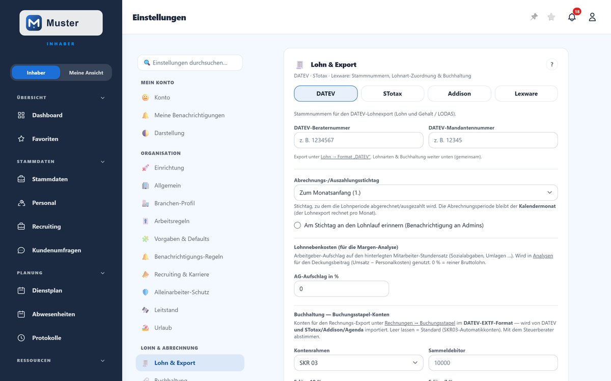 Lohn & Export: Anbieter-Reiter, Stammnummern und gemeinsame Einstellungen.