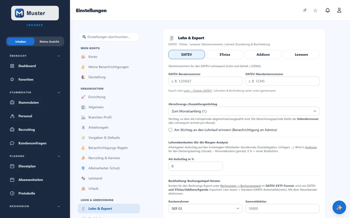 Lohn & Export: Anbieter-Reiter, Stammnummern und gemeinsame Einstellungen.