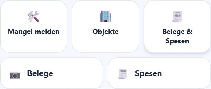 Die Kacheln unter der Stempelkarte, „Belege & Spesen" aufgeklappt.