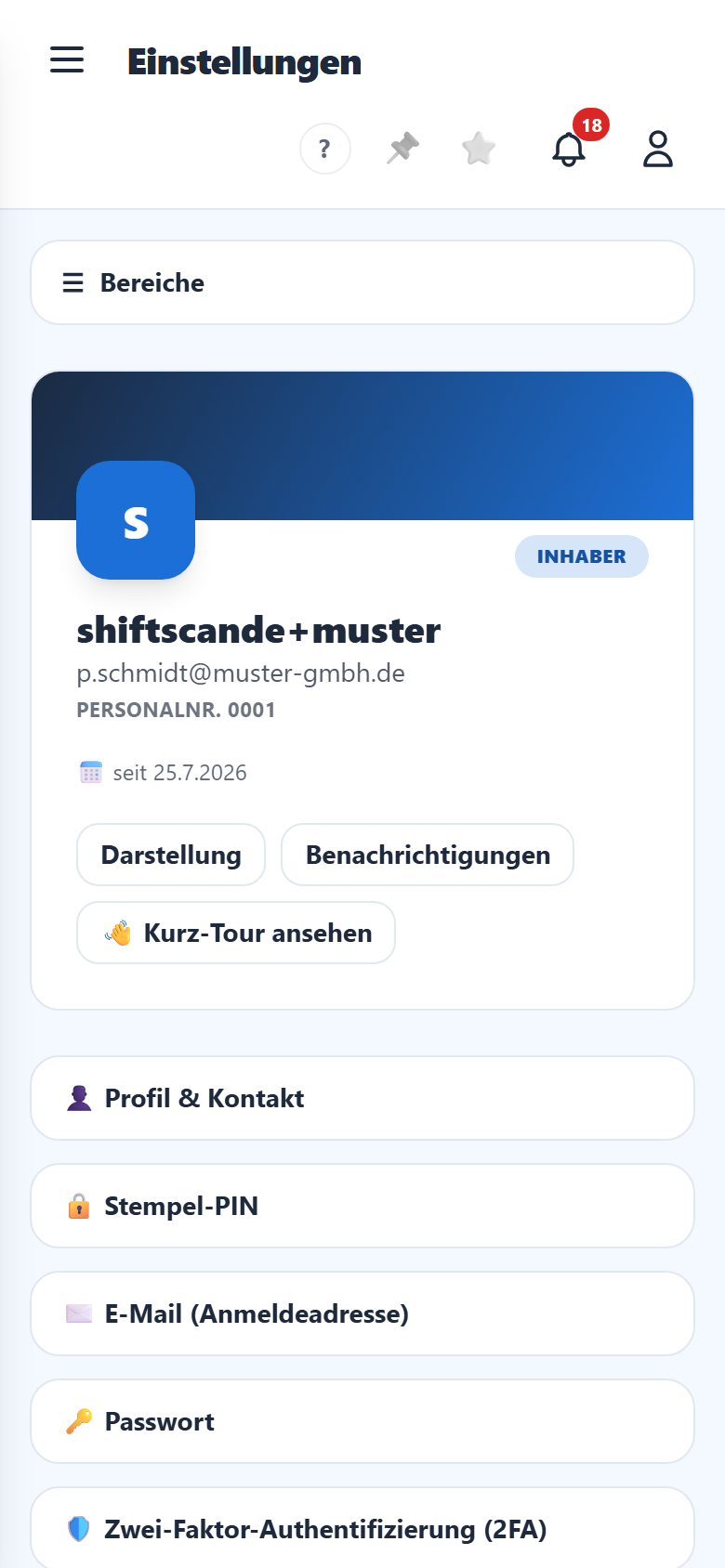 Dein Konto mit Profil, Stempel-PIN, Passwort und mehr.