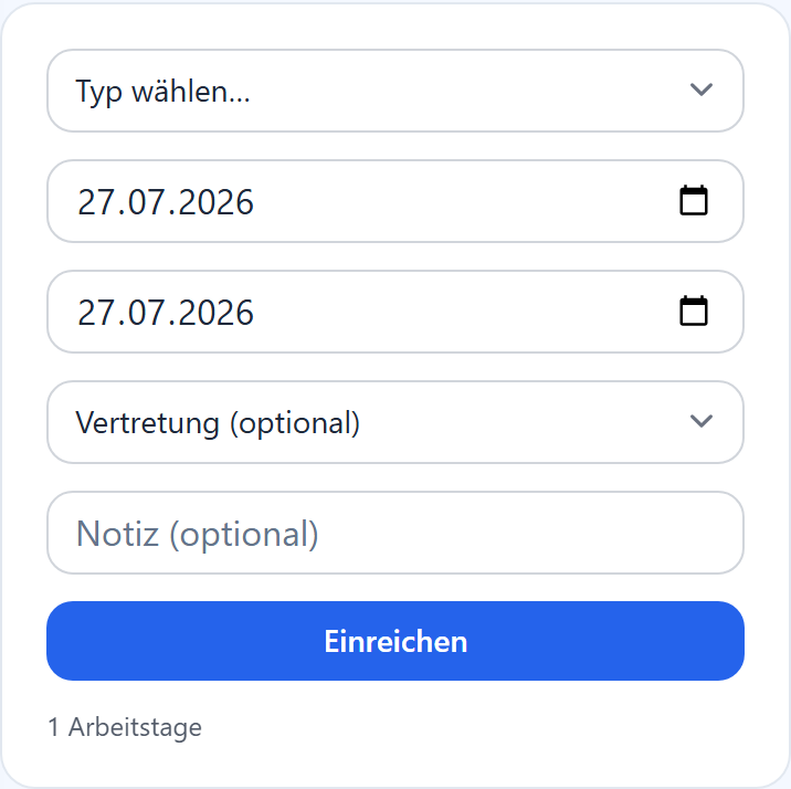Art, Zeitraum und optionale Vertretung wählen.