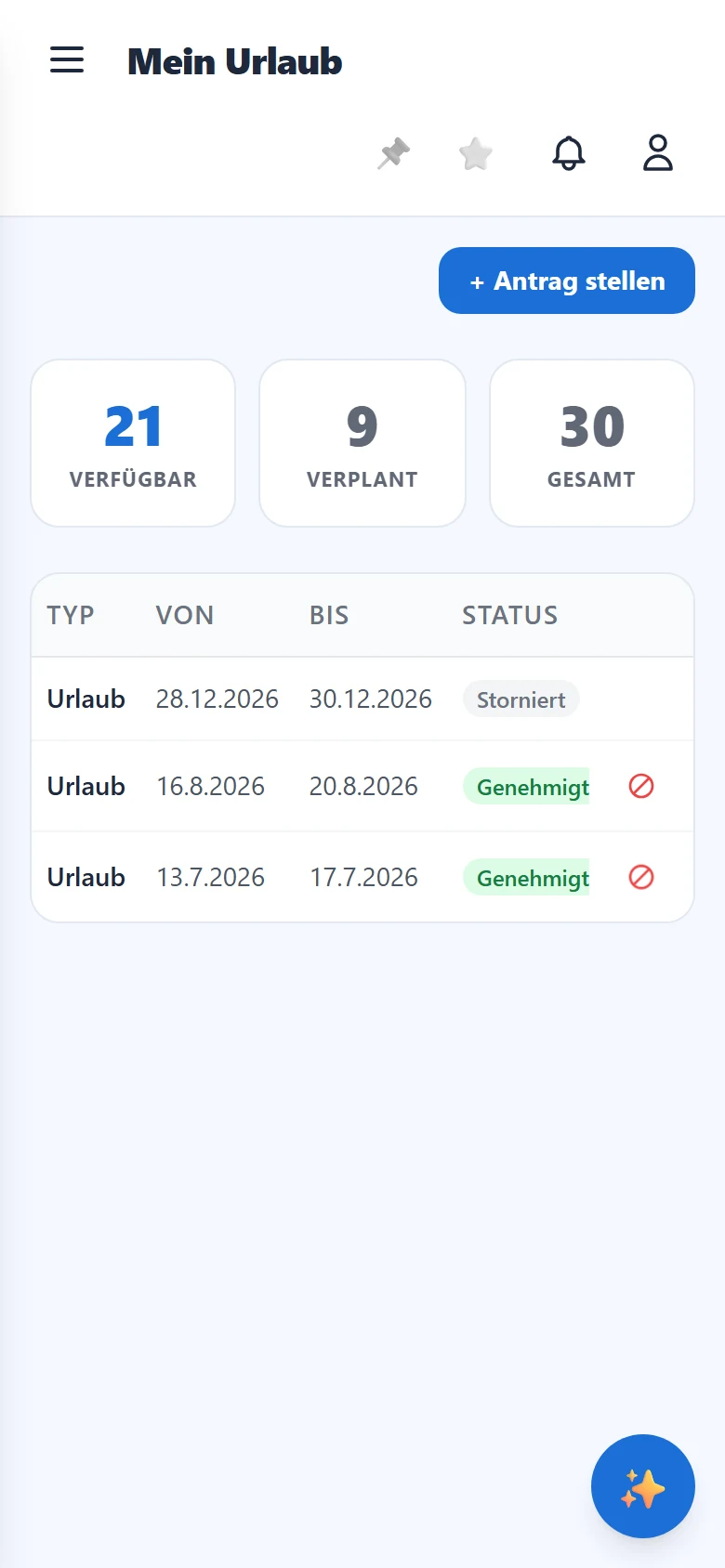 Resturlaub-Übersicht und deine Anträge.