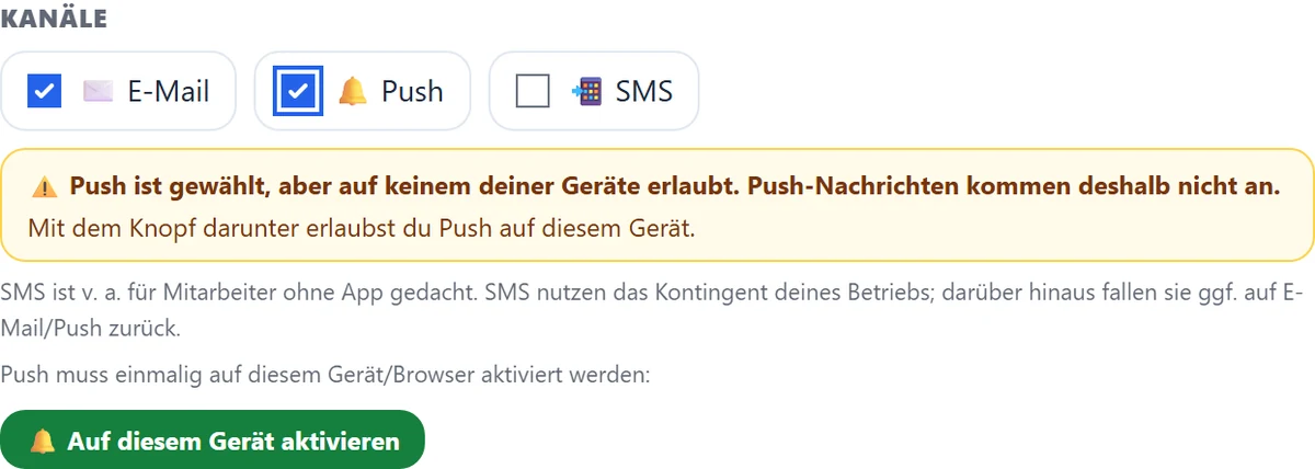 Push ist angehakt, aber auf keinem Gerät erlaubt: Der gelbe Hinweis steht direkt unter den Kanälen.