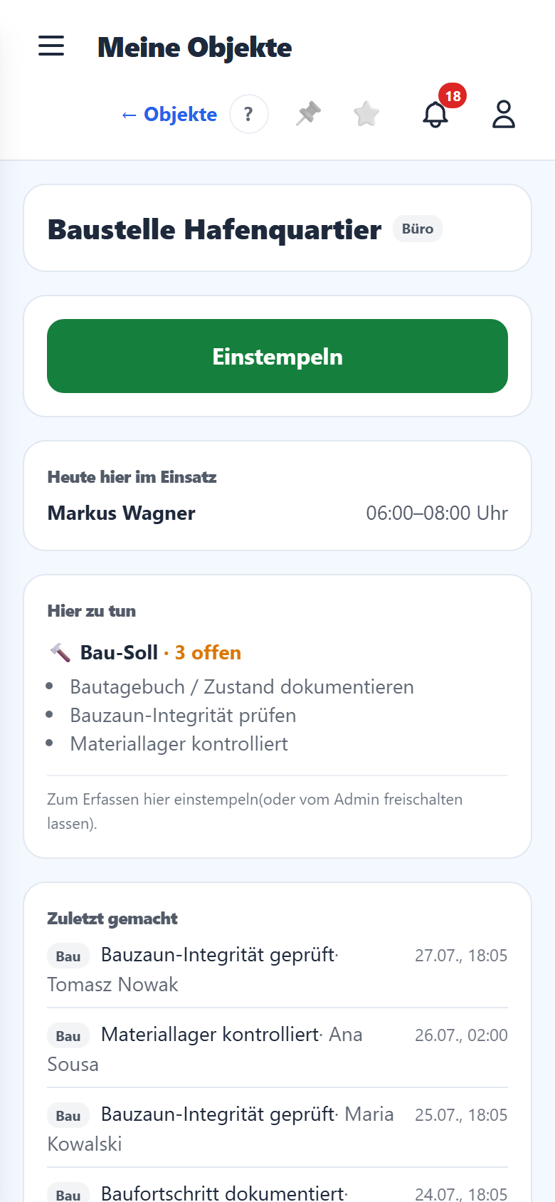 Die Objekt-Detailseite mit Einsatz und Aufgaben.
