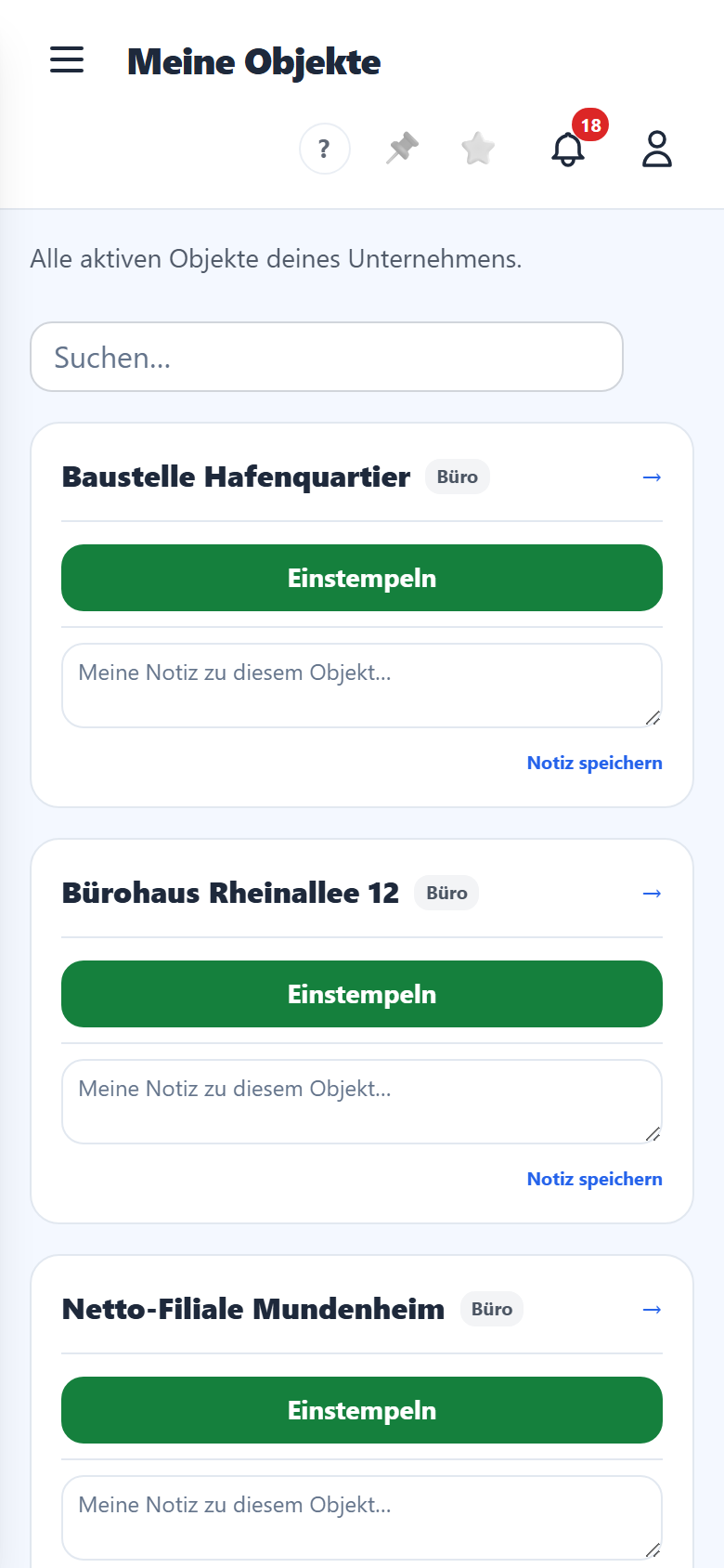 Deine Objekte als Karten — mit Adresse und Einstempeln.