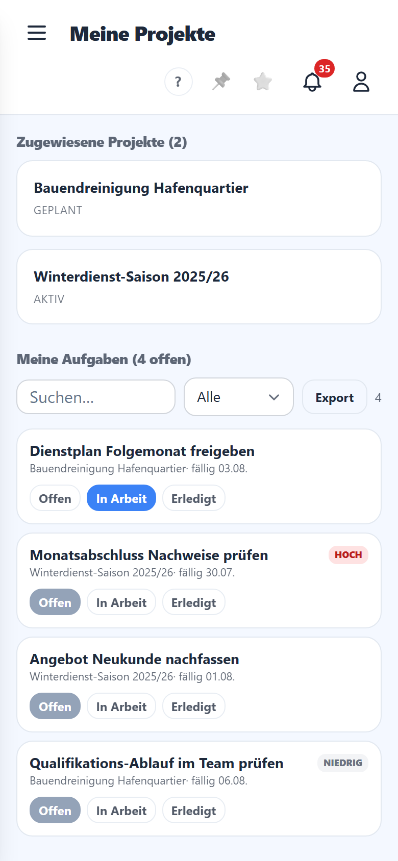 Deine Projekte und Aufgaben mit Status.