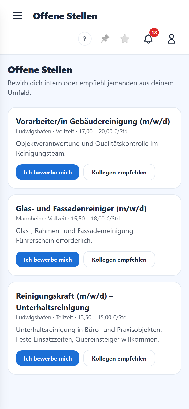 Die offenen Stellen mit „Bewerben" und „Empfehlen".