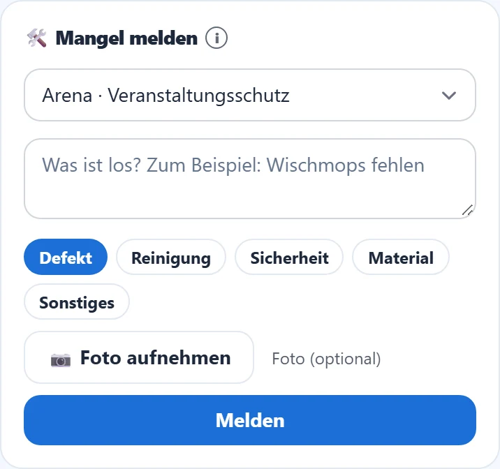 Die Meldekarte: Objekt, „Was ist los?", Kategorie, Foto und „Melden".