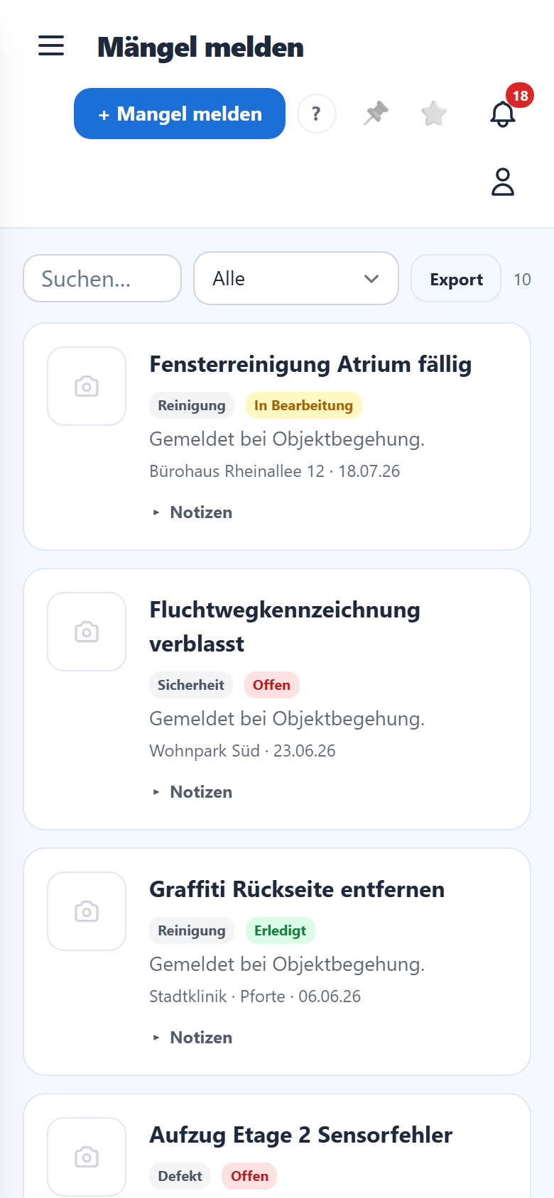 Deine Meldungen mit Kategorie und Status.