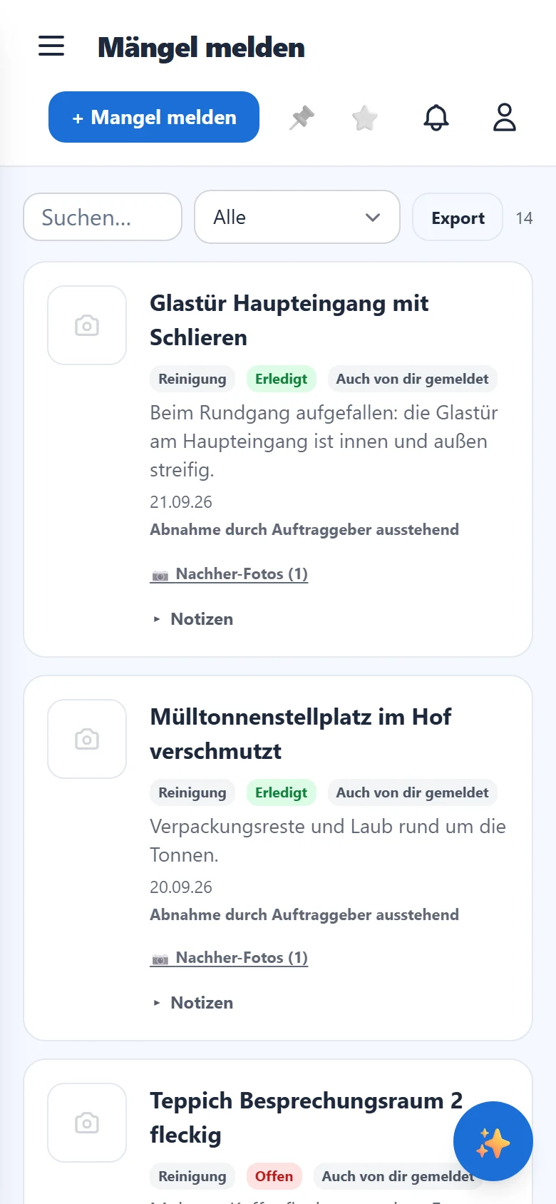 Deine Meldungen mit Kategorie und Status.