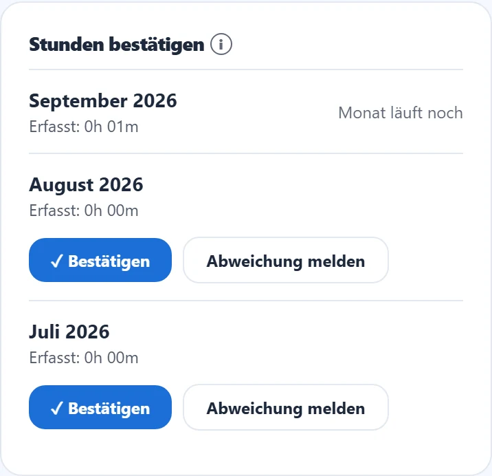 Monatsstunden bestätigen oder Abweichung melden.