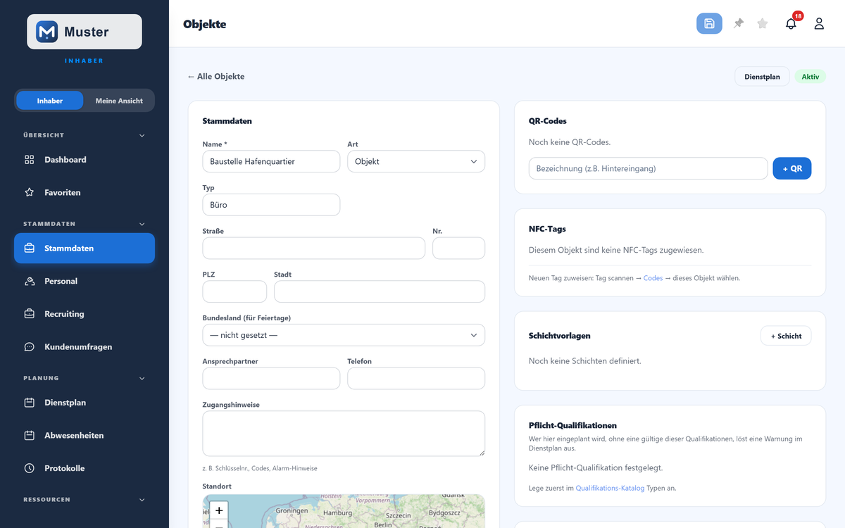 Das Objekt-Detail: Stammdaten, QR, NFC, Schichtvorlagen.