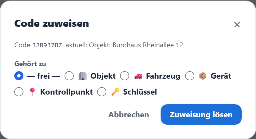 Das Zuweisungs-Fenster mit den Zieltypen.
