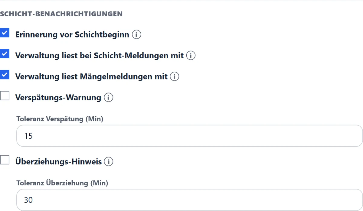 Schicht-Benachrichtigungen mit Toleranzen für Verspätung und Überziehung.