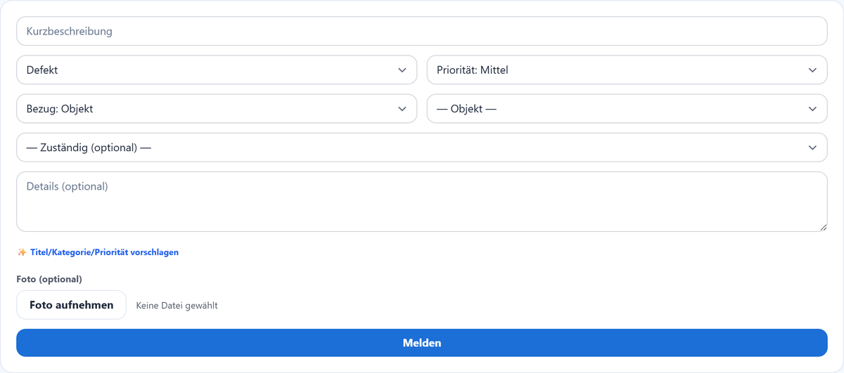 Das Melde-Formular mit Kategorie, Priorität, Bezug und Foto.