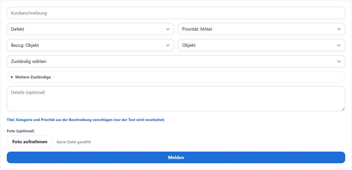 Ticket melden mit Vorschlag für Kategorie und Priorität