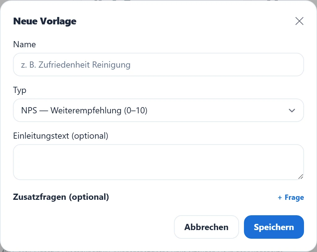 Vorlagen-Editor mit NPS, CSAT und Zusatzfragen