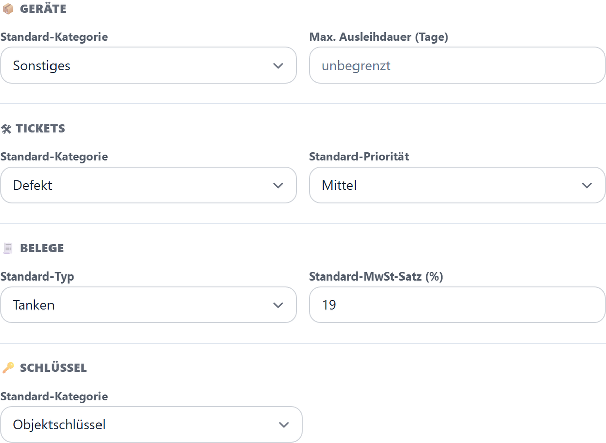 Masken-Defaults für Geräte, Tickets, Belege und Schlüssel.
