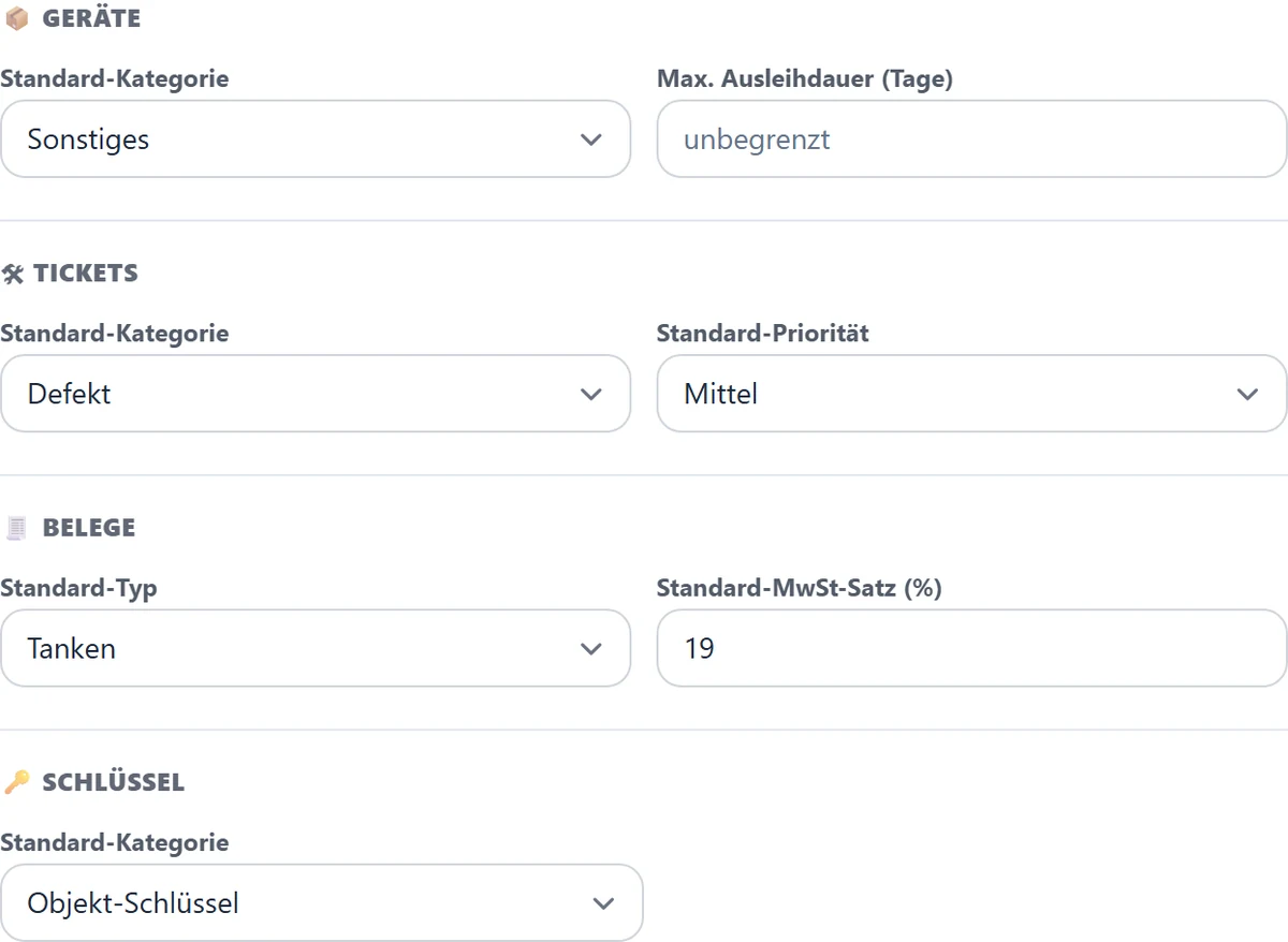 Masken-Defaults für Geräte, Tickets, Belege und Schlüssel.