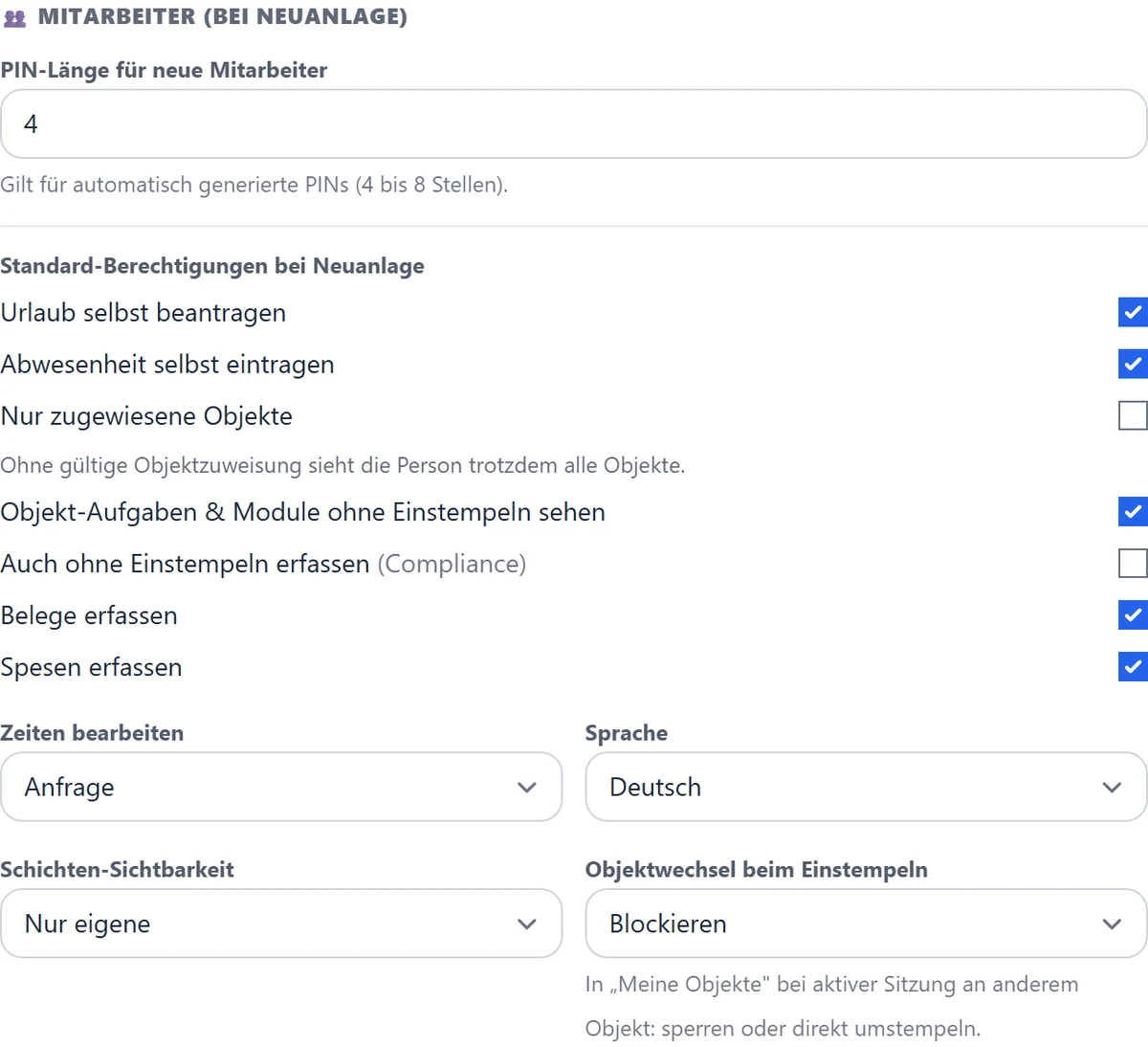 Mitarbeiter-Defaults: PIN-Länge, Berechtigungen und Sichtbarkeiten.