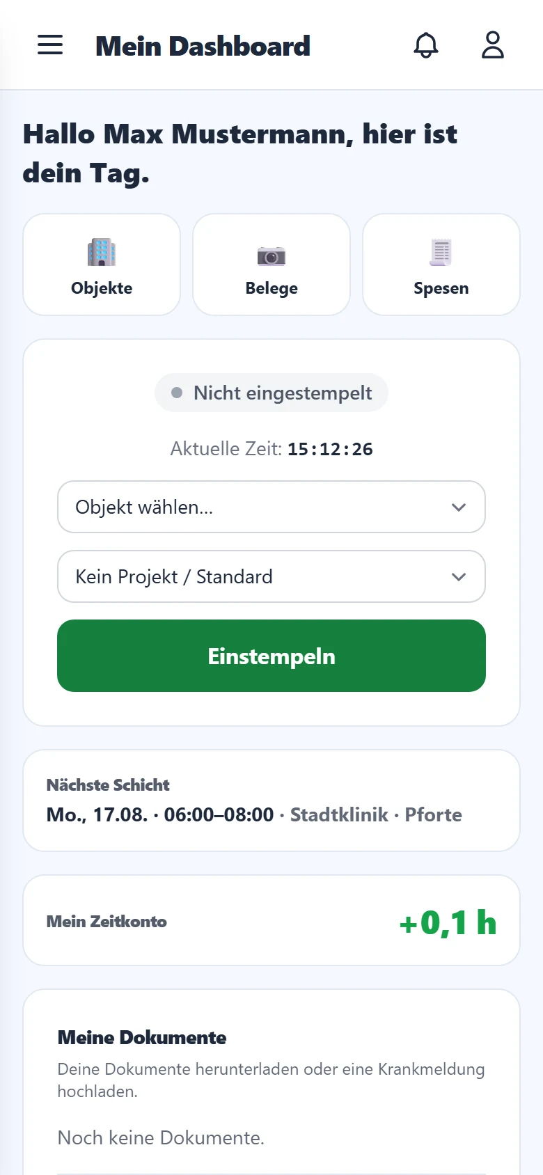 Handy · Mitarbeiter: einstempeln in zwei Sekunden, ein Daumen, keine App-Installation.