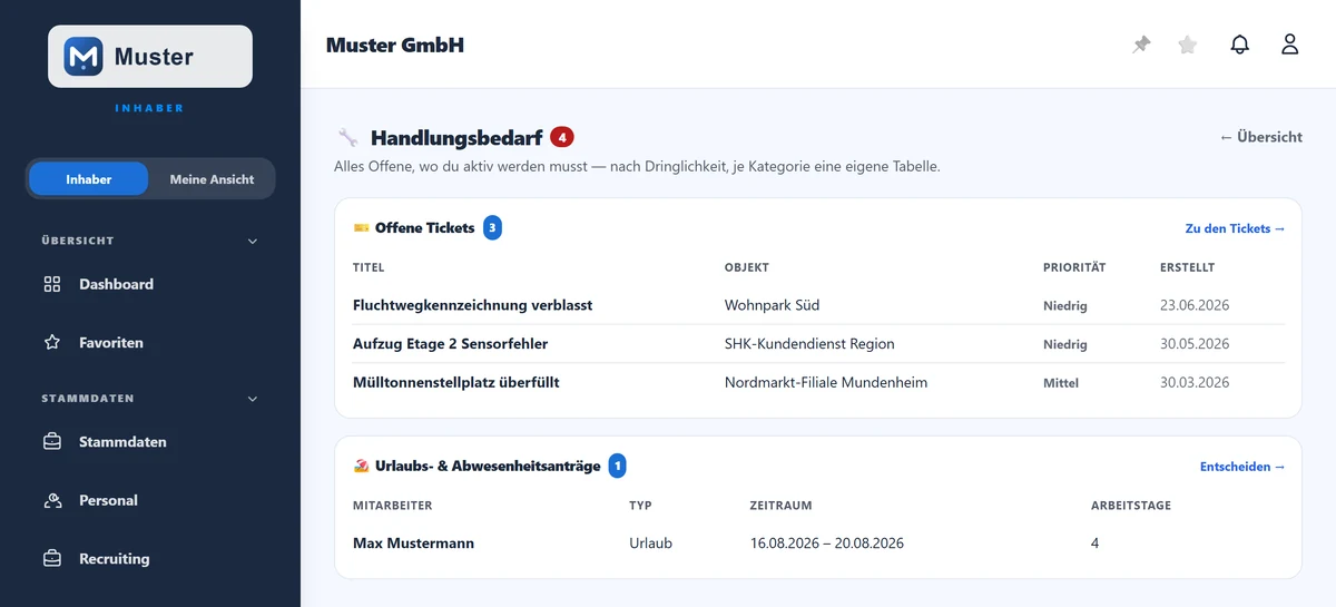 Tablet · Objektleitung: Tickets je Objekt und offene Anträge auf einen Blick.